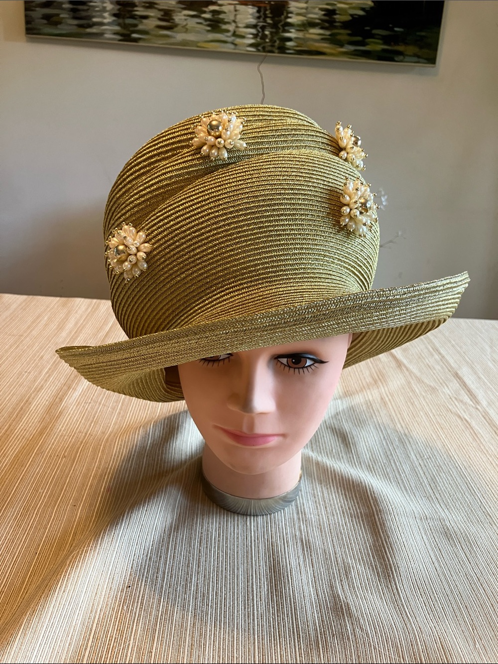 Elegant Metallic Gold Straw Cloche Hat with Pearl Flower Accents